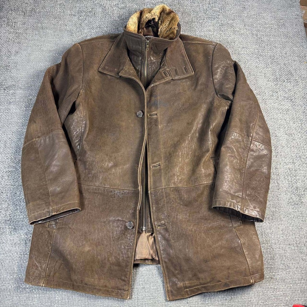 Danier Leather Car Coat Mens Large Brown Faux Fur Collar Double Layer Jacket
